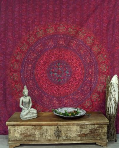 GURU SHOP Indisches Mandala Tuch, Wandtuch, Tagesdecke Mandala Druck - Weinrot/bunt, 220x210 cm