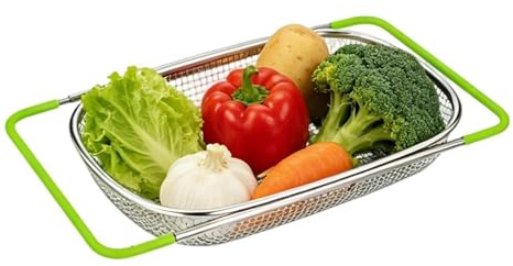 Scolapasta per lavello, supporto per alimenti in acciaio inossidabile di scolatura, cestino per scolapasta estensibile per lavello | per pasta, frutta, bacche, pomodori, uva, stoviglie, ciotole e