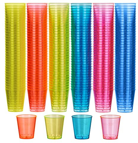 MATANA 300 Vasos de Chupito de Plástico Duro Neón, 30ml - Reactiva a los Rayos UV - Resistentes y Reutilizables - Cumpleaños, Bodas, Despedidas de Soltera o Soltero, Barbacoas, Fiestas