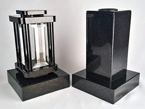 designgrab Modern Grablampe mit Cube-medium Vase und 2 Stück Sockel aus Granit Schwedisch Black SS1 schwarz, Grabschmuckset