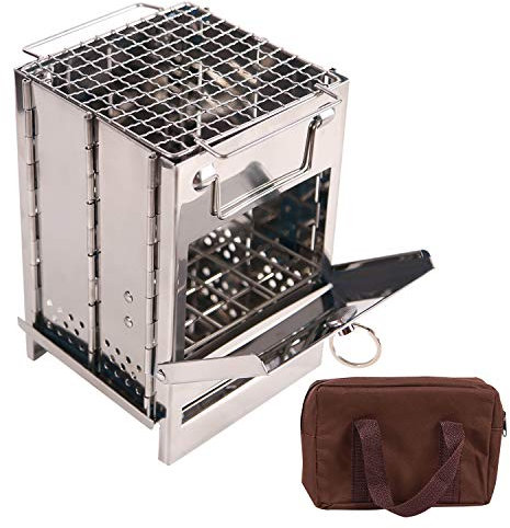 CAMPMAX Portable Folding Camping Wood Stove for Outdoor Cooking, Lightweight Stainless Steel Wood Burning Camp Stove with Grill for Backpacking BBQ Picnic, Small