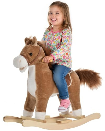 HOMCOM Cheval à Bascule Selle Grand Confort Peluche Courte Douce Bois peuplier Brun dim. 65L x 32,5l x 61H cm