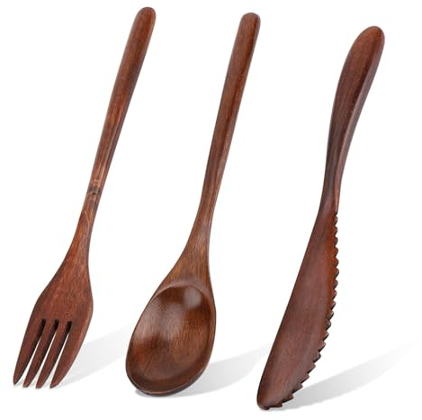 Juego de cubiertos de madera, Kit de vajilla portátil reutilizable Juego de cuchara y tenedor Utensilios de madera para cocinar Senderismo Camping Pesca