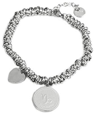 Flowers Bracciale in Acciaio a Maglia intrecciata Con Ciondolo Tondo Segno Zodiacale e Piccolo Ciondolo Cuore. Bracciale dello Zodiaco elegante spedito con sacchettino di Organza (Capricorno)
