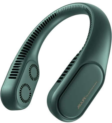 JISULIFE Quatre Turbo Ventilateur de Cou Portable Personnel, Rechargeable USB avec Batterie 4000mAh Ventilateur, Suspendu Mains Libres avec 3 Vitesses, 58 Sorties d'air, Sans Lame - Vert
