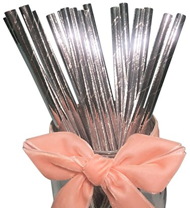 YYECO 100 Pieces Shining Silver Paper Drinking Straws Disposable Metallic Silvered Glitter Paper Straws for Party Decorations