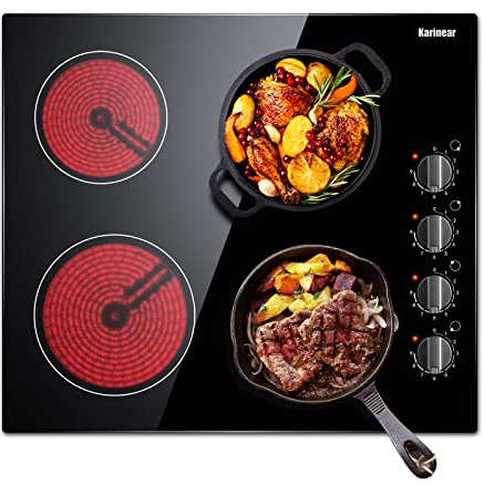 Karinear Placa vitroceramica 4 Fuegos 60cm, Mando por botón, Apagado automático, Indicador de calor residual, Sin enchufe, Vitrocerámica negra (6000 W).