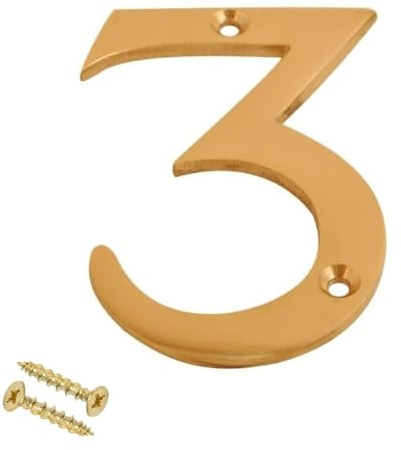 Brass Door Numbers Screw On 3 Inch Door Number Elegant and Bold Door Numerals Suitable for All Door Types Including Wooden uPVC and Composite Number 3.