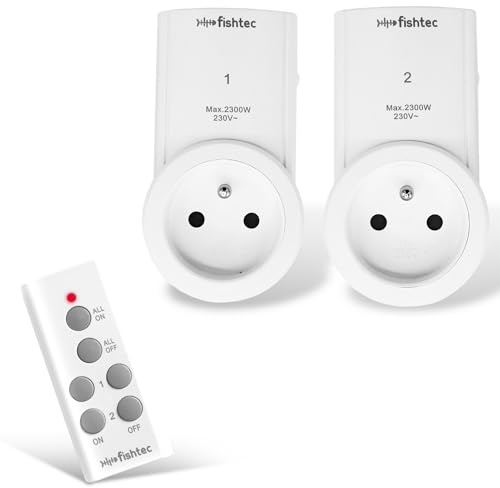 FISHTEC Lot de 2 Prises Télécommandées – Contrôle à Distance Avec Télécommande, Utilisation Facile, Protection Enfants, Contrôle Individuel ou Global Des Prises, Portée de 30m – Blanc