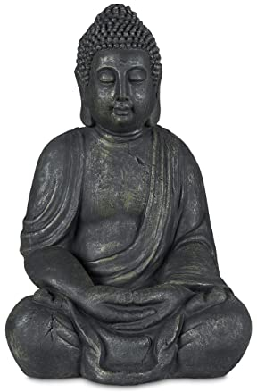 Relaxdays Statue de Bouddha Assise 70 cm, Figurine de Jardin XL, Vintage, résistant aux intempéries & au Gel, Anthracite