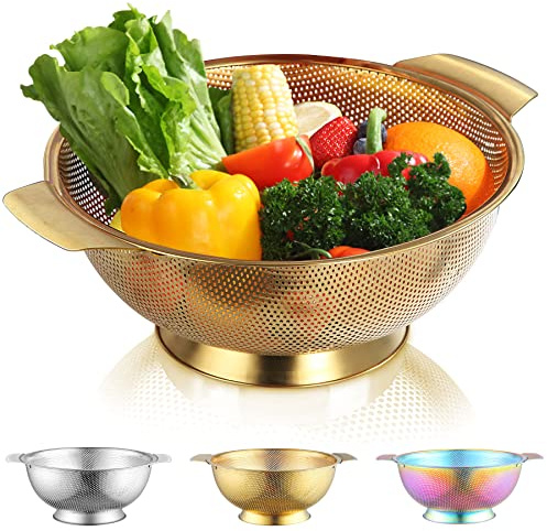Kyraton Gold Colander 5 Quart, Professional Titanium Gold Plating Stainless Steel Strainer with Heavy Duty Handles and Self Draining Solid Ring Base, Easy Clean and Dishwasher Safe