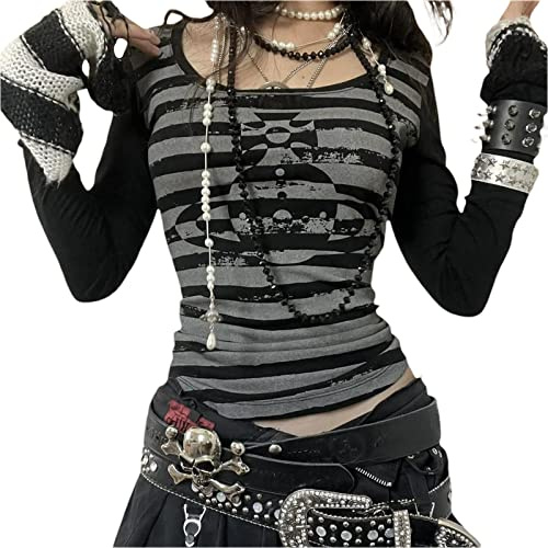 Camisa gótica para mujer, de manga larga, vintage, con estampado cruzado, cuello redondo, blusa estética delgada, recortada, ropa grunge, Negro#1, S