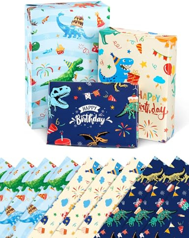 WERNNSAI 10 Blätter Dinosaurier Geschenkpapier Geburtstag 3 Styles 51 cm * 69cm Geschenk Geschenkpapier Zum Verpacken von Kinder geburtstagsgeschenken und Dekorieren von Jungegeburtstagen
