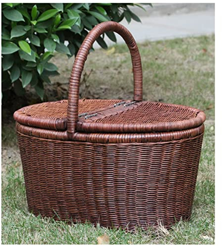 Handgewebter Picknickkorb, natürlicher Rattankorb mit stabilem Griff und 2 Deckeln zum sicheren Aufbewahren und Tragen, Picknickbehälter für Outdoor, Familie, Camping-Picknick (Größe: 44 cm-A) (44 cm)