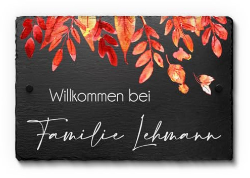 Schiefer Tafel Namensschild mit buntem UV Druck - Hausnummer Türschild mit Familiennamen und vielen schönen Designs - Größe bis 30x20 cm