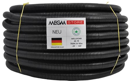 Megaa store Flexibles Leerrohr Wellrohr 750N Schwarz | Klassifizierung M16 M20 M25 M32 M40 M50 Kabelschutz Schutz Rohr ungeschlitzt Außenbereich (Ø 11 mm innen/Ø 16 mm außen / 50m)