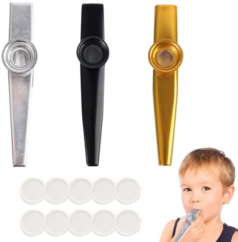 Jasminum 3 Stück Kazoo Set, Kazoo Instrument aus Aluminium, mit 10 austauschbaren Membranen, golden, für Kinder und Musikliebhaber