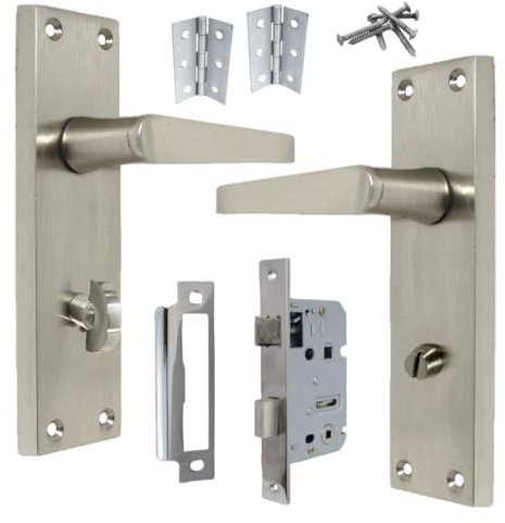 Betley Butterfly Victorian Straight Handle Satin Bathroom WC Toilet Door Handles, Bathroom Mortice Lock 3 Hinges, 152mm x 42mm Backplate