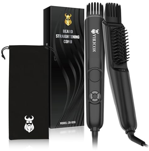 VIKICON Beard Straighteners Brush for Men, 3-in-1 Professional Hot Beard Combs with Volumizer, 4 Straightening Heat Settings, Portable Ionic Hair/Beard Styling Tool for Home/Travel, Anti-Scald Design