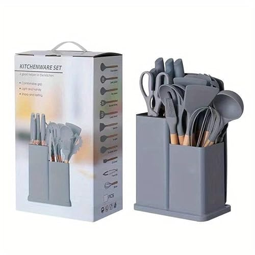 ILYPOP SHOP Set Utensili da Cucina 19 pezzi, Silicone Antiaderente, 5 Coltelli Professionali con Impugnatura ergonomica e Tagliere, Manico in Legno, Termoresistente, Senza BPA (Grigio)