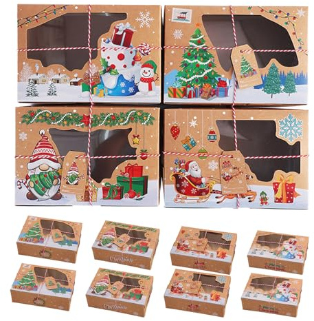 Hyfkjdm Scatole Natalizie Regalo 12 Pezzi, Scatole Regalo di Natale con Finestra, per Dolcetti Natalizi con Nastro Rosso, per Biscotti da Forno, Cioccolato, Lecca Lecca, Dolci
