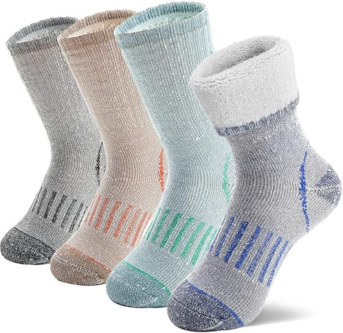 MOSEY KOSY 4 Pairs Kids Merino Wool Walking Hiking Socks Boys Girls Toddlers Thermal Winter Warm Boot Thick Cushion Snowboarding Socks(Orange/Green/Blue,12-15 Years)