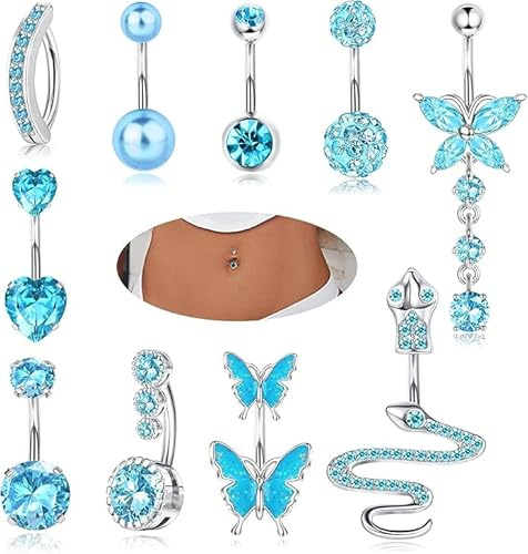 Viojrlly Piercing de ombligo de 10 piezas, Piercing de ombligo de acero inoxidable rosa azul para mujeres, Anillo de ombligo con sonajero de mariposa de circonita cúbica Joyería de piercing corporal