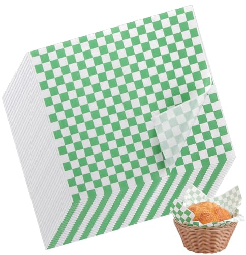 APACALI 300PCS Greaseproof Paper Sheets, 28 x 26cm Burger Paper Sheets, Checkered Basket Liners for Sandwich, Hamburgers, Fries, Cake, Green