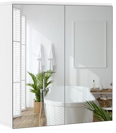 Yaheetech Slim Wall-Mounted Mirror Cupboard with 2 Doors, White | Adjustable Inner Shelf, E1 Spray-Painted MDF, 63 cm Wide × 60 cm High, Modern Minimalist Look
