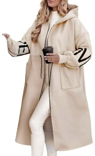 chouyatou Women's Casual Knitted Sleeve Wool Trench Coat Zip Up Hooded Wool Blend Overcoat with Pockets (Large, Apricot)