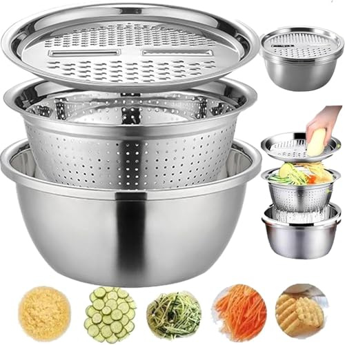 Germany - Lavabo multifunzione in acciaio inox, set di ciotole per miscelazione, 3 in 1, multifunzione, utensili da cucina (26 cm)