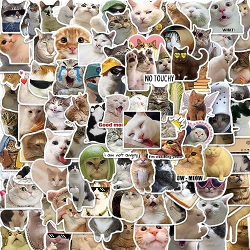 100 Pcs Funny Cat Meme Stickers – Cute Vinyl Decals Featuring Expressive Cat Moods and Aesthetic Designs for Water Bottle, Laptop, Scrapbook, Phone Case, Guitar, Snowboard, Luggage, Cat Lovers