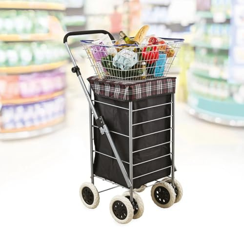 Premium 6 Wheel Swivel Shopping Trolley with Adjustable Handle Plain Black with Grey