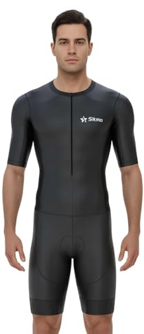 Sikma Men’s Half Sleeve Trisuit Breathable Mesh Triathlon Padded Suit with Hi Viz Reflection and Power Band Leg Grippers Trisuit (Black, X-Large)