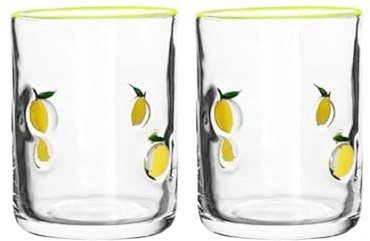 Pair of Lemon Print Vintage Juices Glasses Sturdy Glasswares with 14oz Capacity Ideal for Cocktails Water Decors Decorative Fruit Pattern Drinking Cups