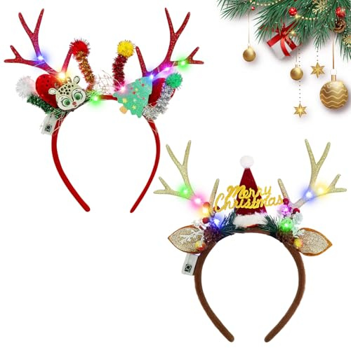 Lot de 2 serre-têtes de Noël en forme de bois de cerf de Noël - Serre-tête de Noël lumineux avec LED - Serre-tête de Noël pour Noël, vacances, fête