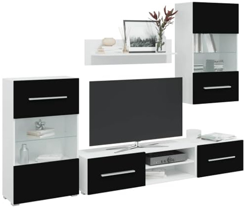 YuuSsea Meuble TV mural 5 pièces avec éclairage LED, noir et blanc, matériau en bois, 240 cm de large, design moderne, support TV universel