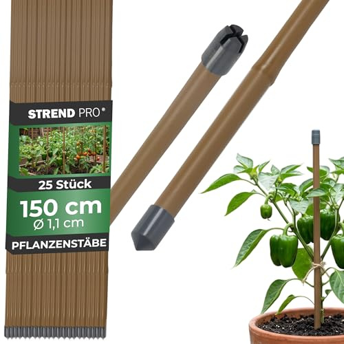STREND PRO Pflanzstäbe 150 cm - 25er Set | Ø 11 mm Kunststoff + Stahl | Rankstab Braun | Tomaten & Bohnenstangen | Pflanzenstütze groß | Metalle Rankhilfe | Stützstäbe für Pflanzen | Pflanzstütze