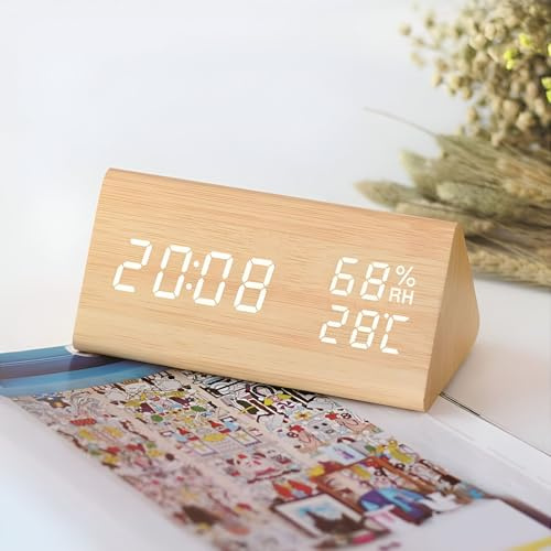 VORRINC LED elektronisk väckarklocka i trä, digital klocka med 3 larminställningar, digital USB-driven väckarklocka, tim-, temperatur- och fuktighetsdisplay, 12/24 timmar