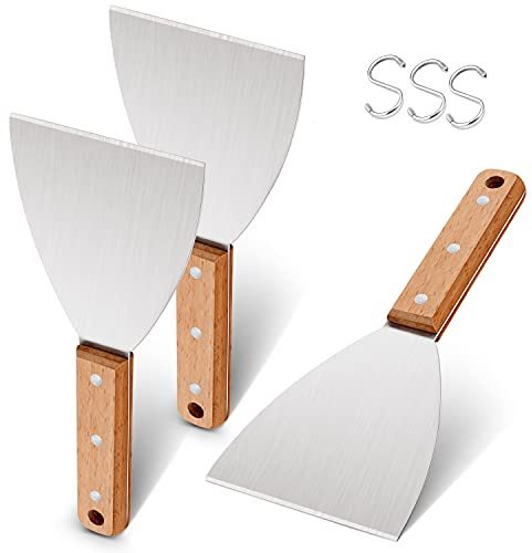 Grill Griddle Scraper Set of 3, Leonyo Stainless Steel Metal Flat Top Grill Scraper Tool for Teppanyaki BBQ Dough Pancake Pizza Home Baking Cooking, Wooden Grip