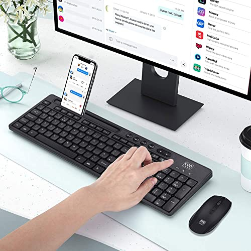 Evo Labs WM-757UK Wireless Keyboard and Mouse Combo Set, With Integrated Tablet/Mobile/Smartphone Stand, 2.4GHz Full Size Qwerty UK Layout Keyboard with Wireless Mouse, Ideal for Home/Office, Black