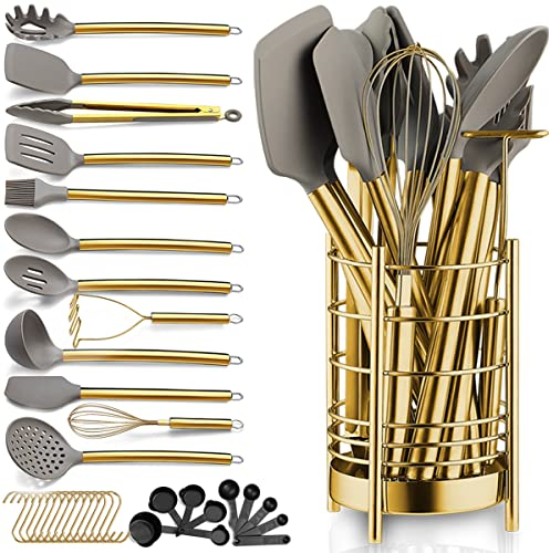 Berglander Juego de utensilios de cocina dorados de silicona antiadherente de 38 piezas, juego de cucharas y espátulas con resistente soporte para utensilios de acero inoxidable