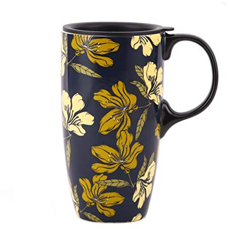 Topadorn Ceramic Coffee Mug Travel Cup Gift with Lid 17oz., Porcelain Tall Tea Cup with Handle for Home & Office, Yellow Floral Art Pattern Gift Mug, 6.5''H