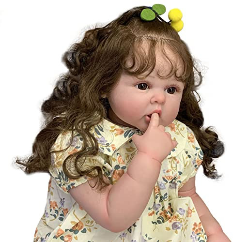 YIHANGG 24 Zoll Realistische Haut Mit Sichtbaren Venen Reborn Babypuppe 60 cm Mädchen Braunes Langes Lockiges Haar Prinzessin Kleinkind Kunst Bebe Geburtstag Geschenk