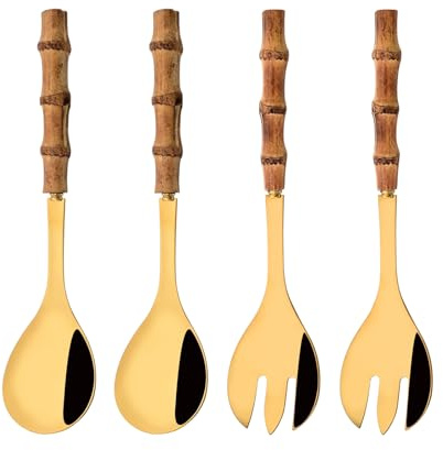Uniturcky Stainless Steel Flatware Set, Bamboo Handle Silverware Set, Reusable Eating Utensils for Home Kitchen and Restaurant, Modern Gold Cutlery Set, 4 Pieces Serving Utensil