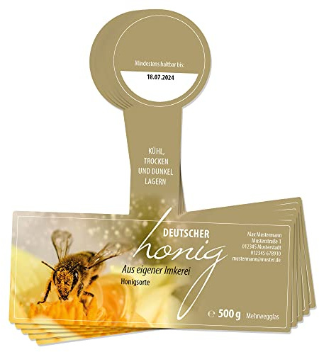 Apoidea – Honig Etiketten 500g mit Gewährverschluss selbstklebend & personalisierbar - 100 Stück/Etiketten Honiggläser/Honig Aufkleber für selbstgemachten Honig/Honigetiketten für Honiggläser