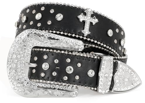 WERFORU Strass Nietengürtel für Damen Männer Western Ledergürtel für Cowgirl Cowboy Vintage Bling Gürtel für Hosen Kleid