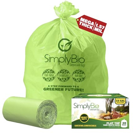 Simply Bio 30-33 Gallon Compostable Trash Bags Liners Flat-Top, Heavy Duty Extra Thick 1.57 Mil, 124.92 Liter, 30 Bags, Lawn, Yard, and Restaurant Use, ASTM D6400, US BPI, OK Compost Home Certified