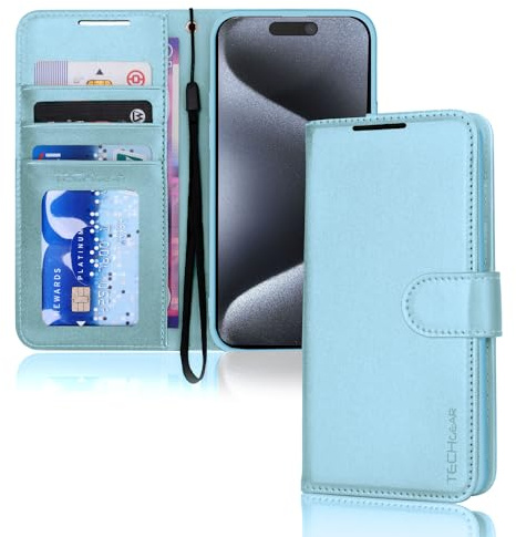 TECHGEAR iPhone 15 Pro Leather Wallet Case, Flip Protective Case Cover with Wallet Card Holder, Stand and Wrist Strap - Light Blue PU Leather with Magnetic Closure Designed for iPhone 15 Pro 6.1