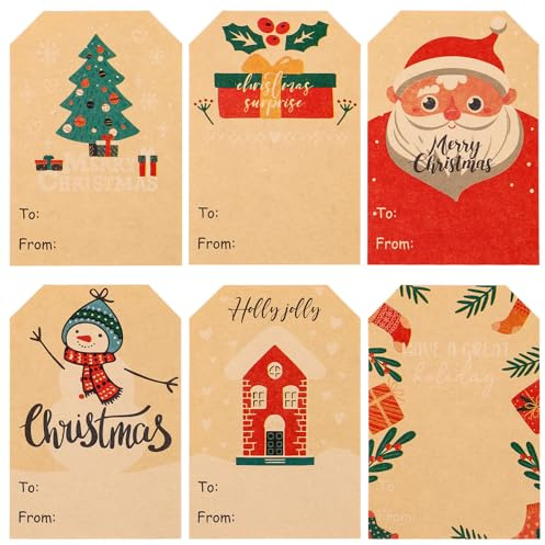 300pcs Merry Christmas Name Gift Label Stickers, 6 Patterns 2x3 inch Decorative Envelope Kraft Tags for Xmas Present Bag Party Favor Box